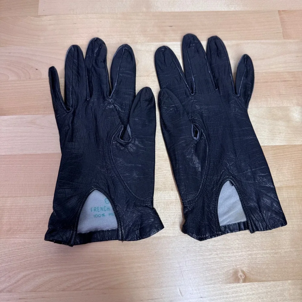 Vintage French Real Kid Black Leather Silk Lined Gloves‎ Women Size 6.5 France